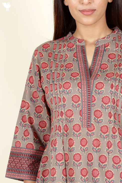Cambric Cotton Pintuck Kurta With Floral Block Print