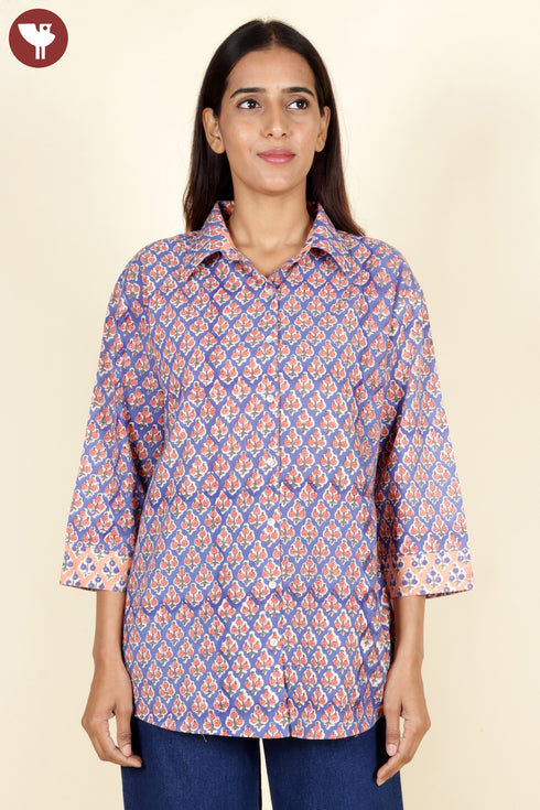 Cambric Cotton Shirt Top In Floral Block Print