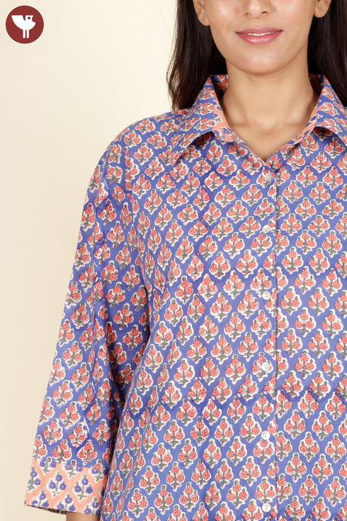Cambric Cotton Shirt Top In Floral Block Print