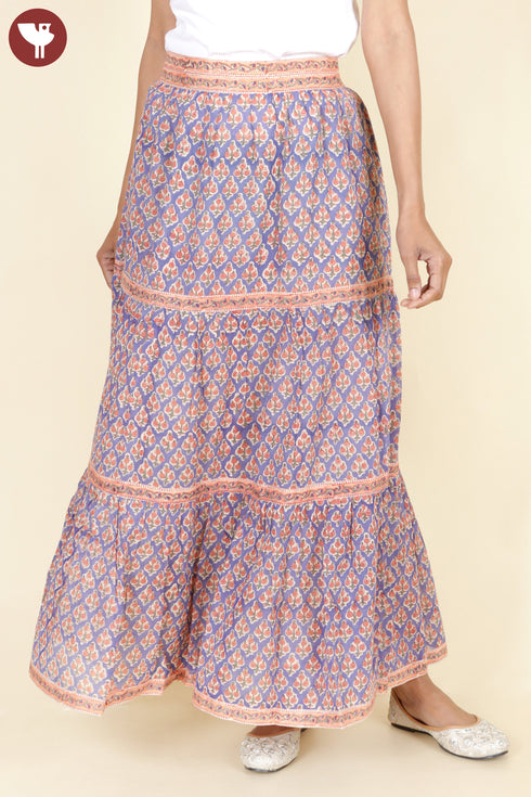 Cambric Cotton Long Skirt In Block Print