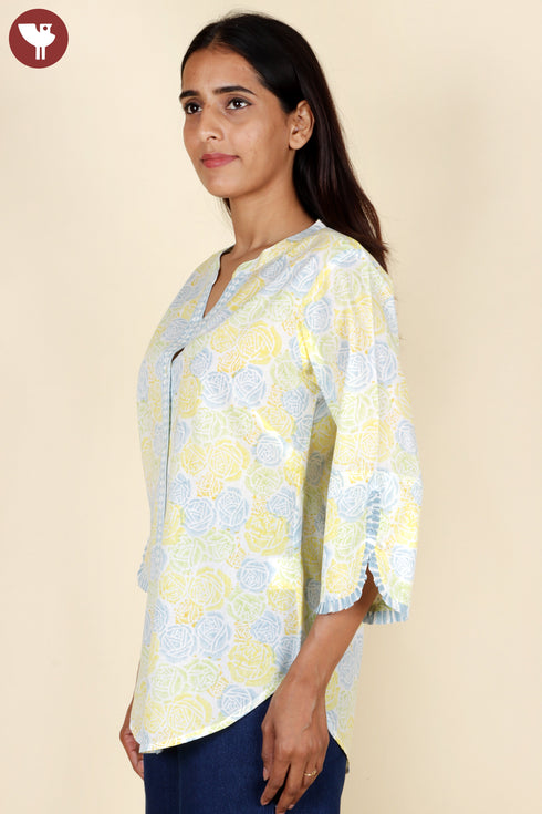 Cambric Cotton Top in Floral Block Print
