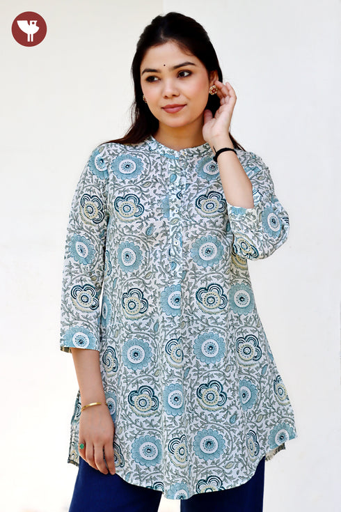 Cambric Cotton Aqua Blue Top in Floral Block Print
