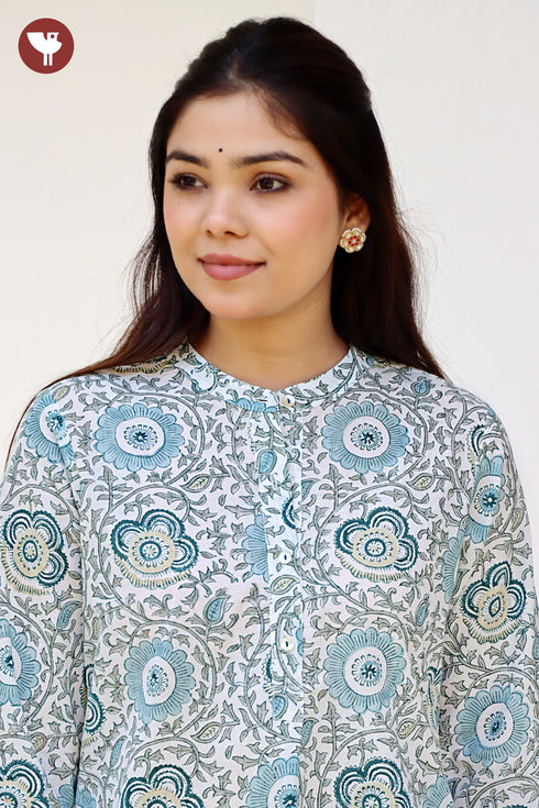 Cambric Cotton Aqua Blue Top in Floral Block Print