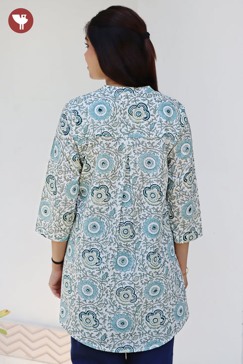 Cambric Cotton Aqua Blue Top in Floral Block Print