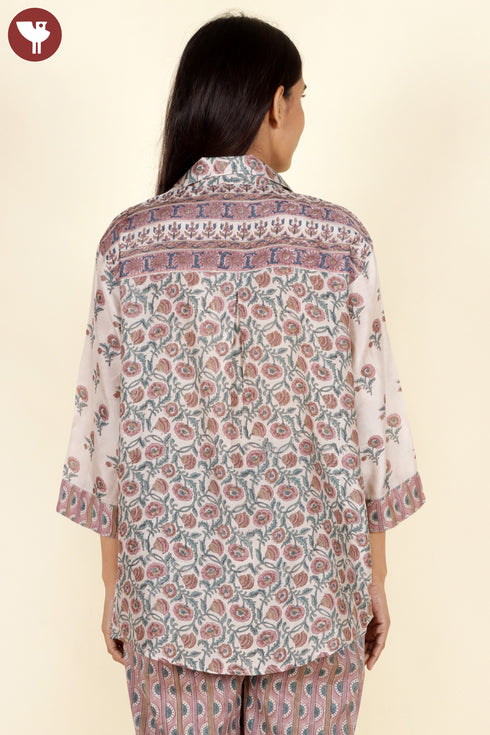 Modal Silk Top In Strip Floral Block Print