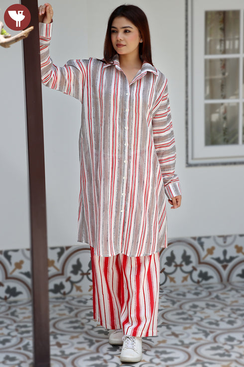 MulMul Cotton Grey Red Stripe Long Top In Block Print