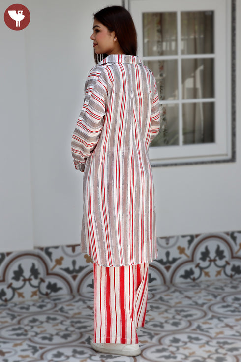 MulMul Cotton Grey Red Stripe Long Top In Block Print