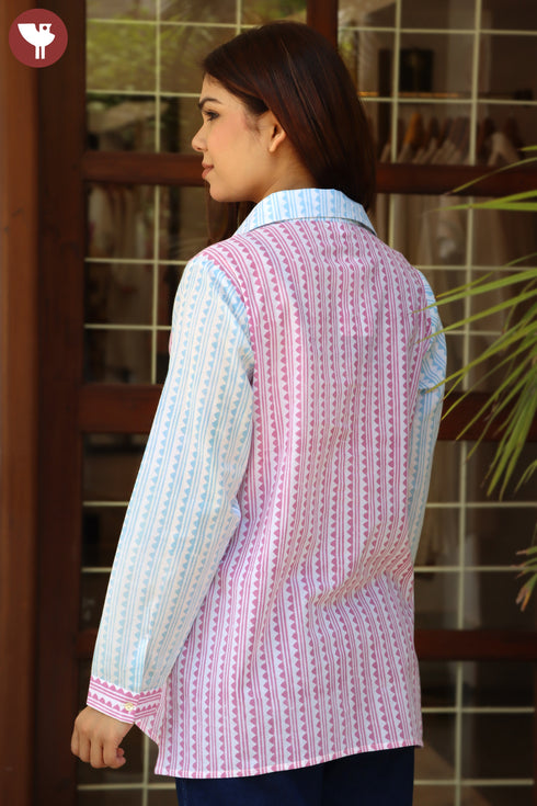 Cambric Cotton Shirt Top in Stripe Geometric Block Print