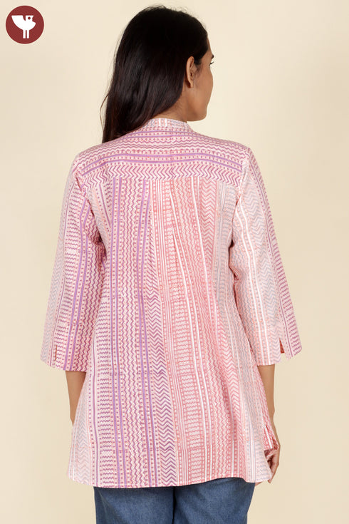 Cambric Cotton Pintucked Top In Block Print