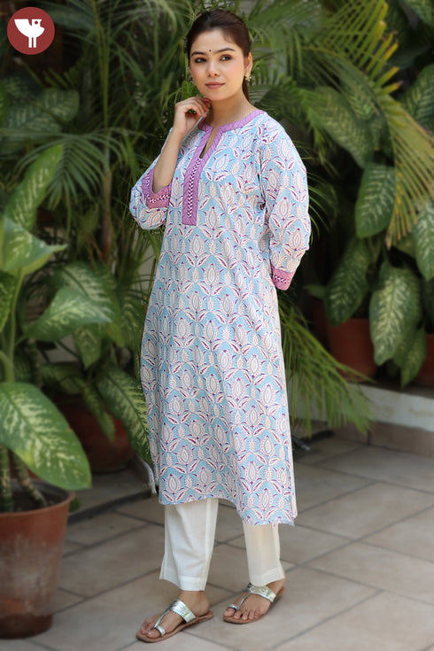 Cambric Cotton Powder Blue Kurtain Floral Block Print
