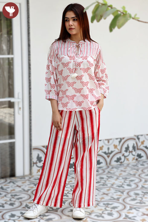 MulMul Cotton Off White Red Printed Top In Block Print