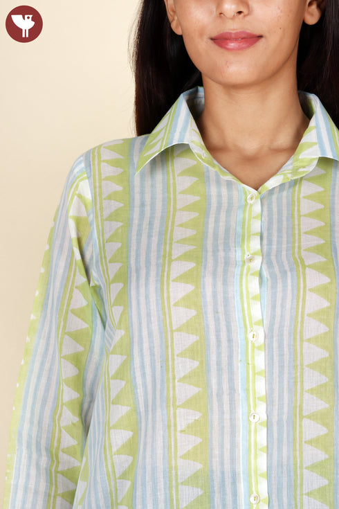 Mulmul Cotton Top In Stripe Geometric Block Print