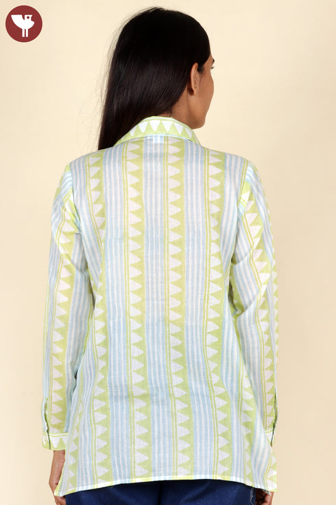 Mulmul Cotton Top In Stripe Geometric Block Print