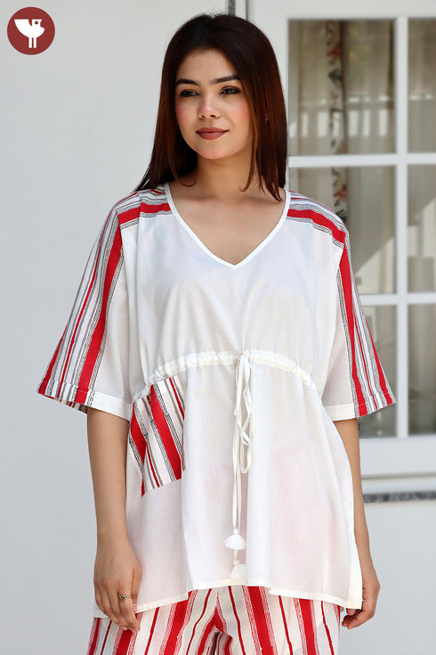 Cambric Cotton Off White Stripe Panel Top In Block Print