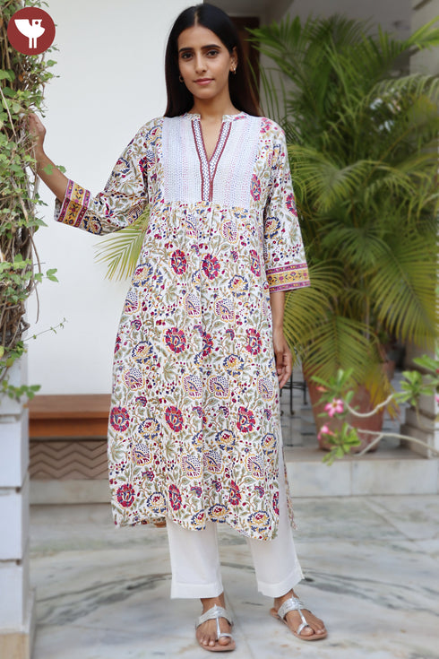 Lyocell Ivory Printed Kurta in Floral Block Print