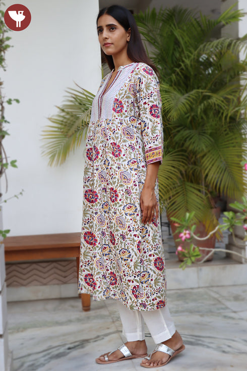 Lyocell Ivory Printed Kurta in Floral Block Print