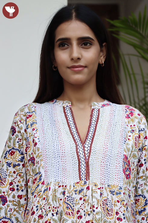 Lyocell Ivory Printed Kurta in Floral Block Print
