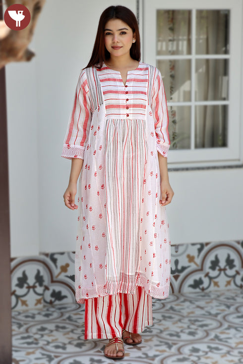 Kota Doria Off White Red Printed Kurta In Block Print