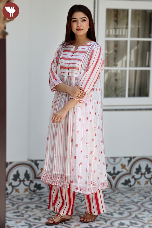 Kota Doria Off White Red Printed Kurta In Block Print