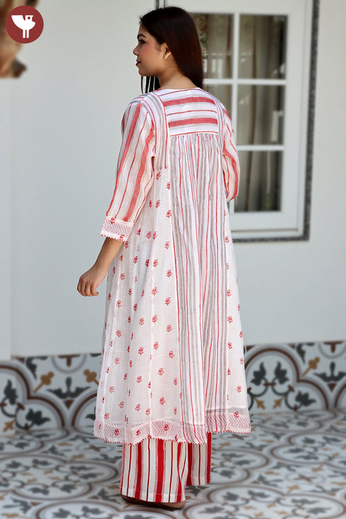 Kota Doria Off White Red Printed Kurta In Block Print