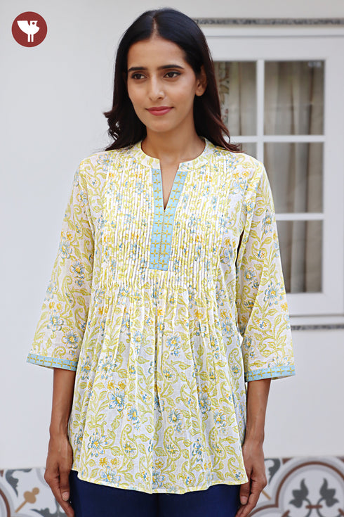 Mul Mul Cotton Pintuc Floral Top In Block Print
