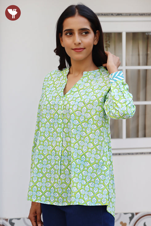 Cambric Cotton Lime Green Top In Floral Block Print