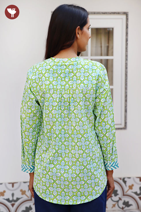 Cambric Cotton Lime Green Top In Floral Block Print