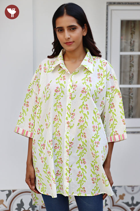 COTTON STRIPE Ivory Green Top / Shirt Style In Floral Block Print