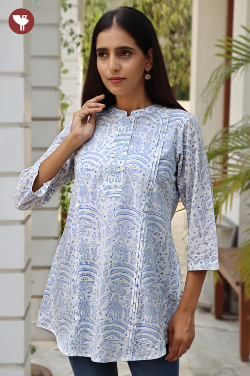 Cambric Cotton Pintuck Floral Top in Block Print