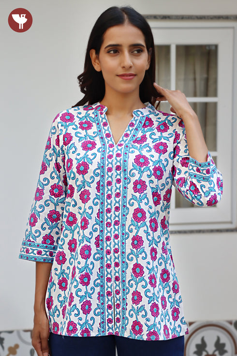 Cambric Cotton Top in Floral Block Print