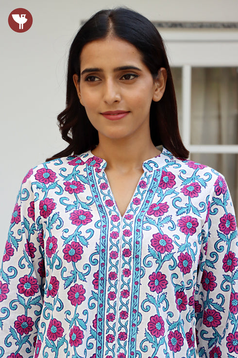 Cambric Cotton Top in Floral Block Print