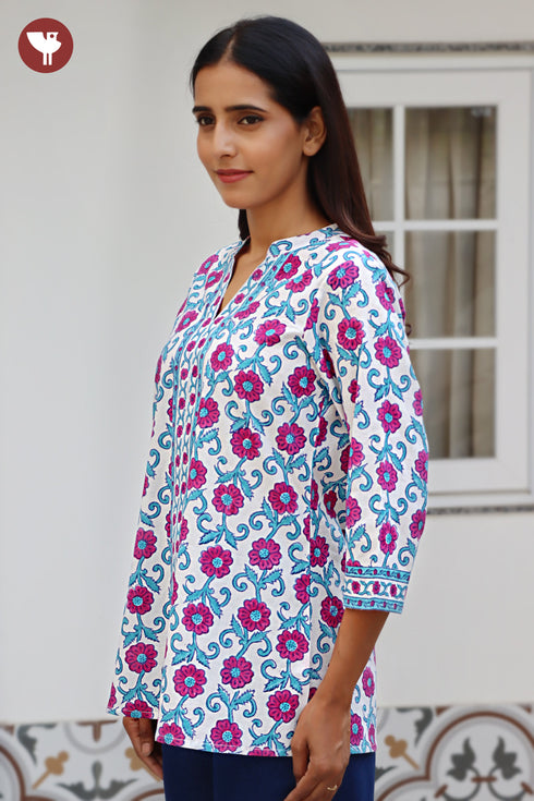 Cambric Cotton Top in Floral Block Print