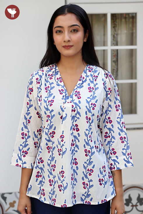 Cotton Stripe Top in Floral Block Print