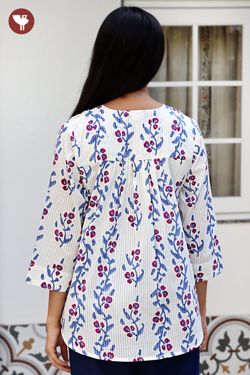 Cotton Stripe Top in Floral Block Print