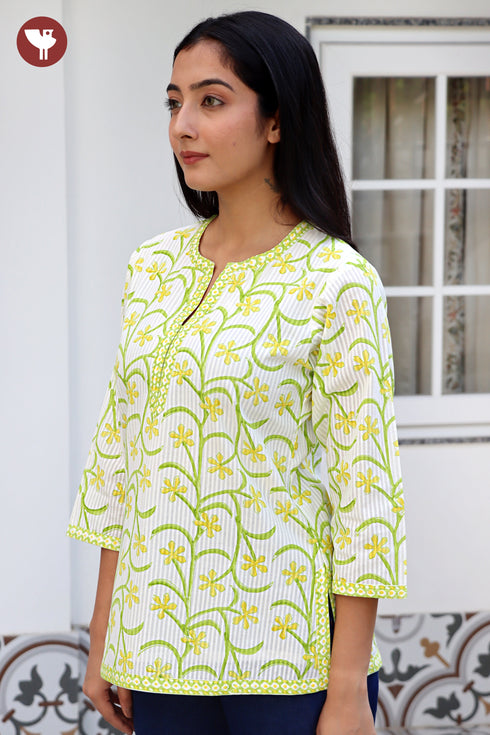 Cotton Stripe Top in Floral Block Print