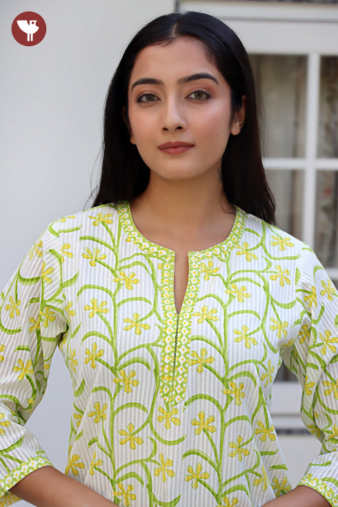 Cotton Stripe Top in Floral Block Print