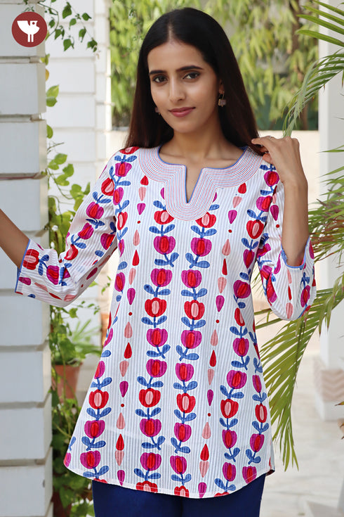 Cotton Stripe Top in Floral Block Print