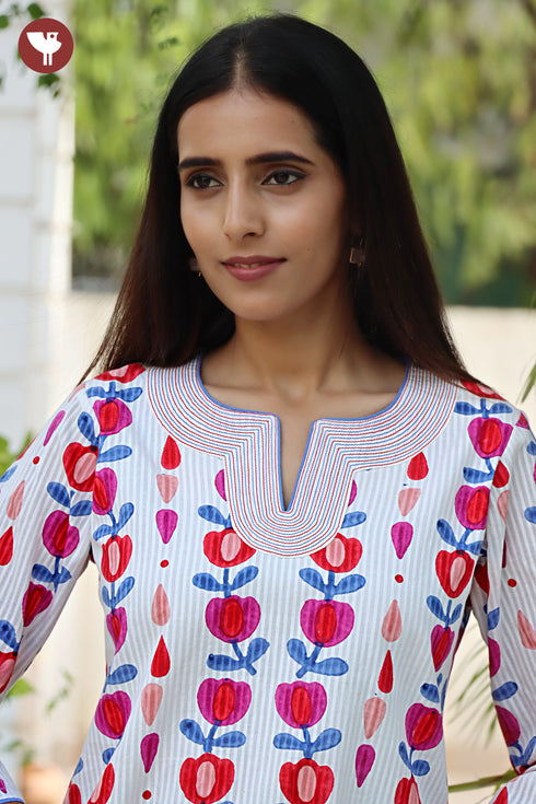 Cotton Stripe Top in Floral Block Print