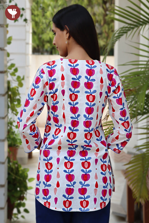 Cotton Stripe Top in Floral Block Print