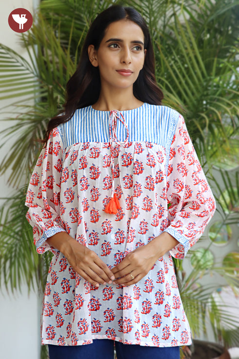 Mul Mul Cotton Top In Floral Block Print