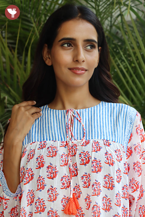 Mul Mul Cotton Top In Floral Block Print