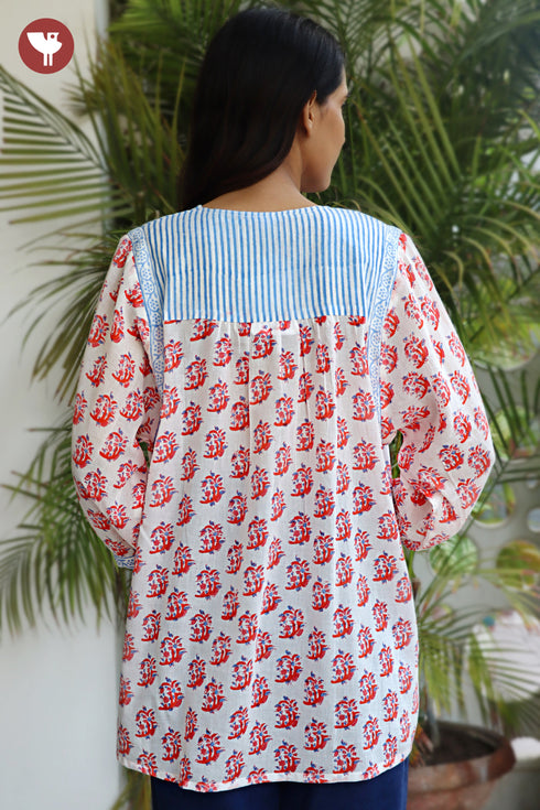 Mul Mul Cotton Top In Floral Block Print