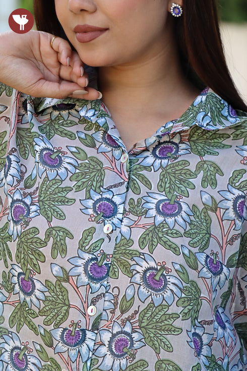 Mul Mul Cotton Light Grey Floral Shirt Style Top