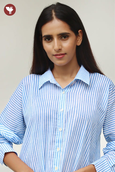 MulMul Cotton Shirt Style Top in Stripe Block Print