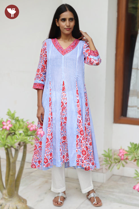 MulMul Cotton Kali Style Kurta in Stripe&Floral Block Print