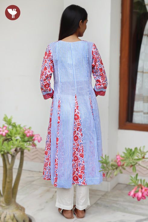 MulMul Cotton Kali Style Kurta in Stripe&Floral Block Print
