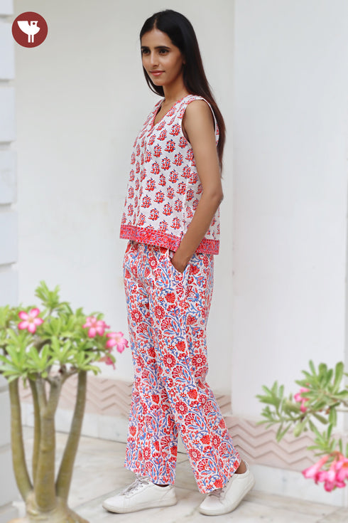 Cambric Cotton Sleeveless Co-Ord Set in Floral Block Print