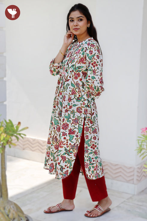 Cambric Cotton Floral Pintuck Kurta