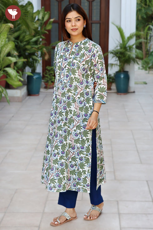 Cambric Cotton Purple Floral Straight Kurta