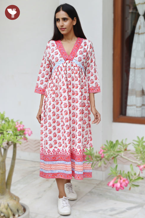 Cambric Cotton Gathered Dress in Floral Block Print